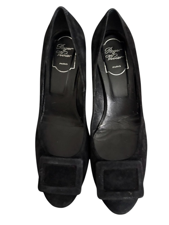 Roger Vivier Shoes - Black Women's Suede Square-Toe Pumps with Decorative Buckle